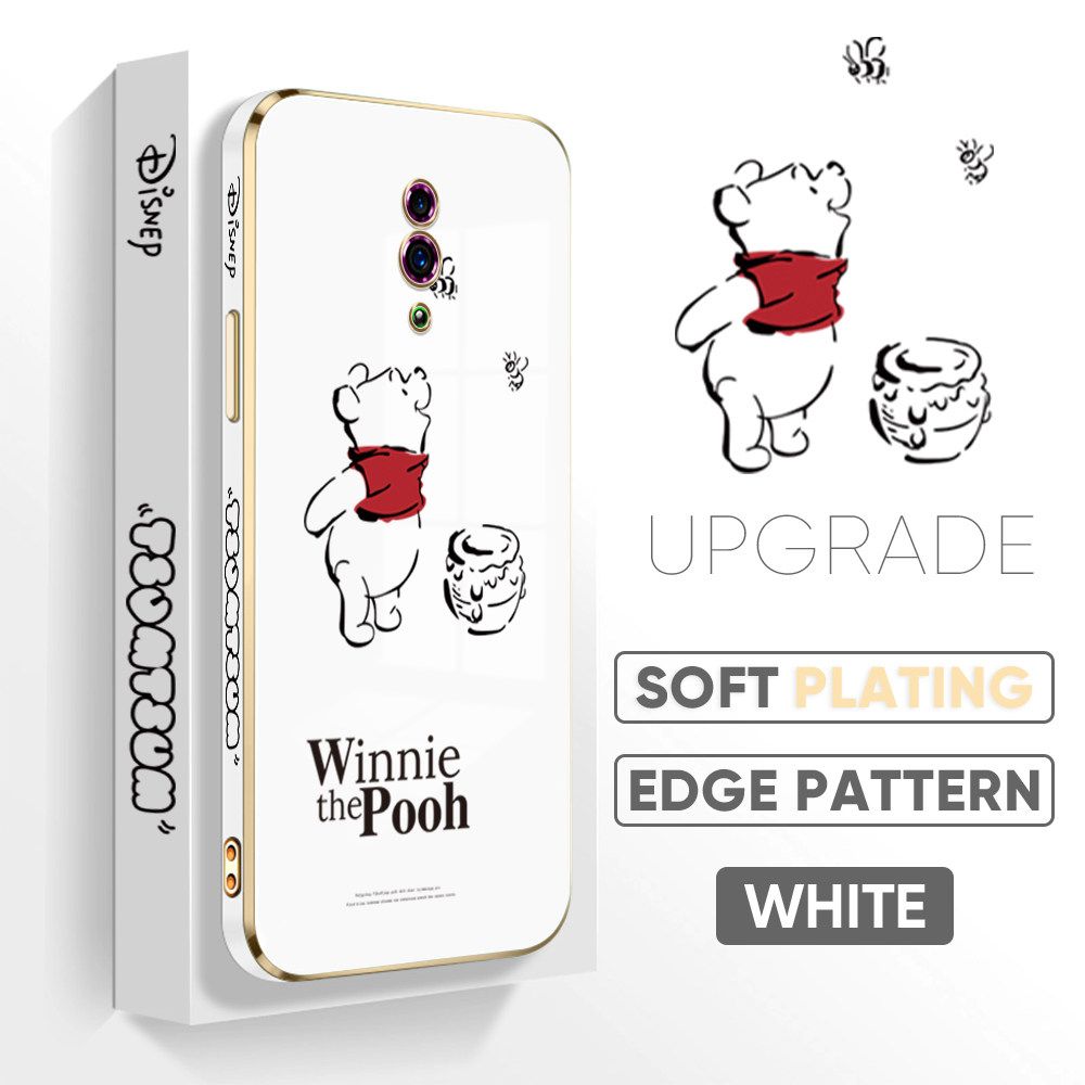 Jizetin (Free Lanyard) OPPO Reno Back Cover Honeypot Pooh Luxury 6D Plating Case Side Pattern Soft Silicone Square Mobile Phone Cases