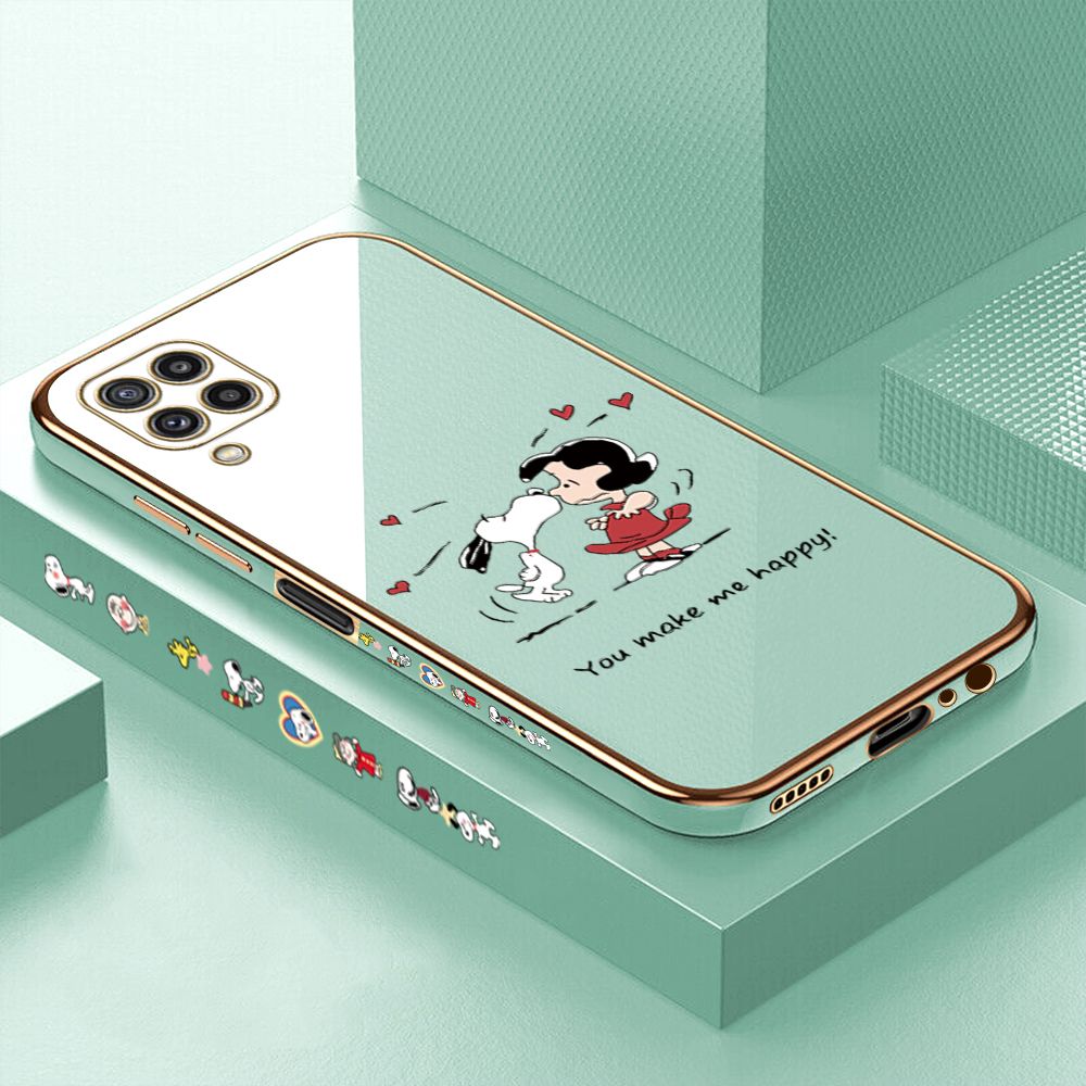 Luxury 6D Plating Case for Samsung M32 Cartoon Happy Puppy Side Pattern Back Cover Soft Silicone Square Phone Cases + Free Lanyard