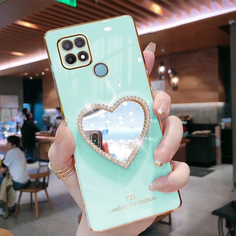 For Realme C21Y Cover with Makeup Mirror Shiny Plating Square Bumper Girls Phone Case Soft TPU Silicone Shockproof Protective Back Cover