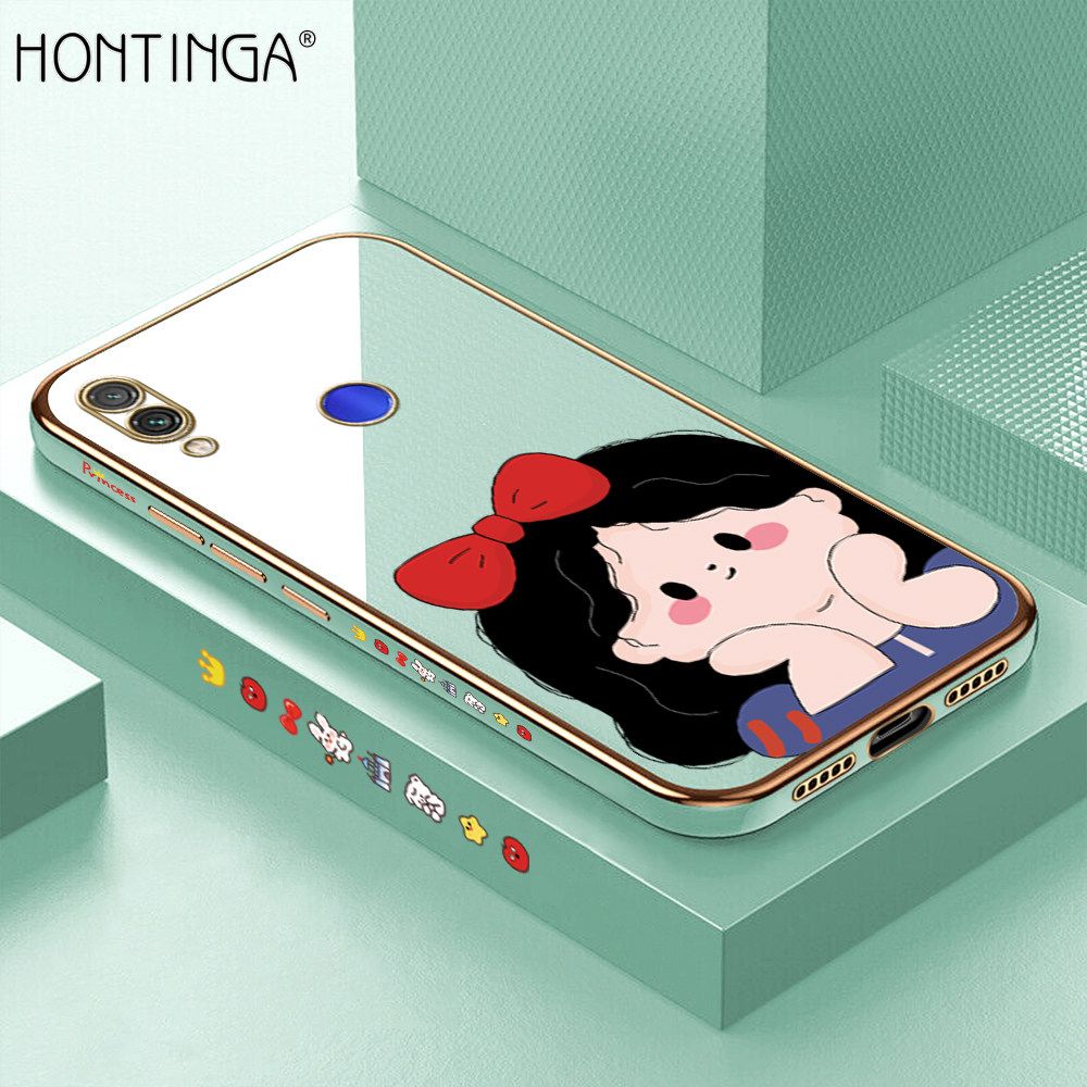 Hontinga for Redmi Note 7 / Note 7 Pro Back Cover + Free Lanyard Luxury 6D Plating Cute Bow Girl Side Pattern Case Soft Silicone Square Mobile Cover