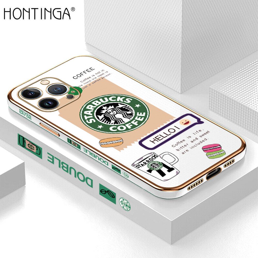 Hontinga for iPhone 13 Pro Max Back Cover + Free Lanyard Luxury 6D Plating Fashion Coffee Side Pattern Case Soft Silicone Square Phone Cases