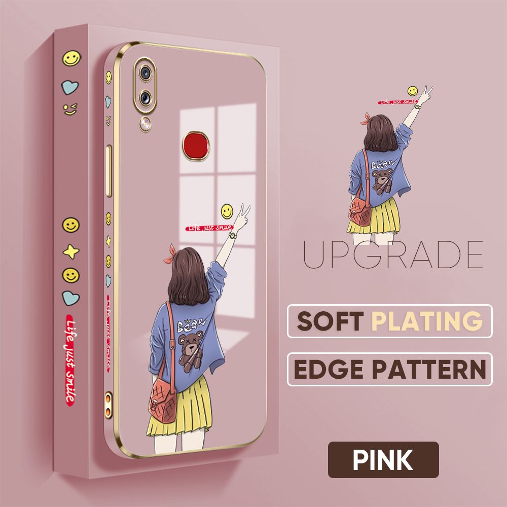 TA for Samsung Galaxy A10S Back Cover + Free Lanyard Happy Girl Luxury 6D Plating Case Side Pattern Soft Silicone Square Phone Cases