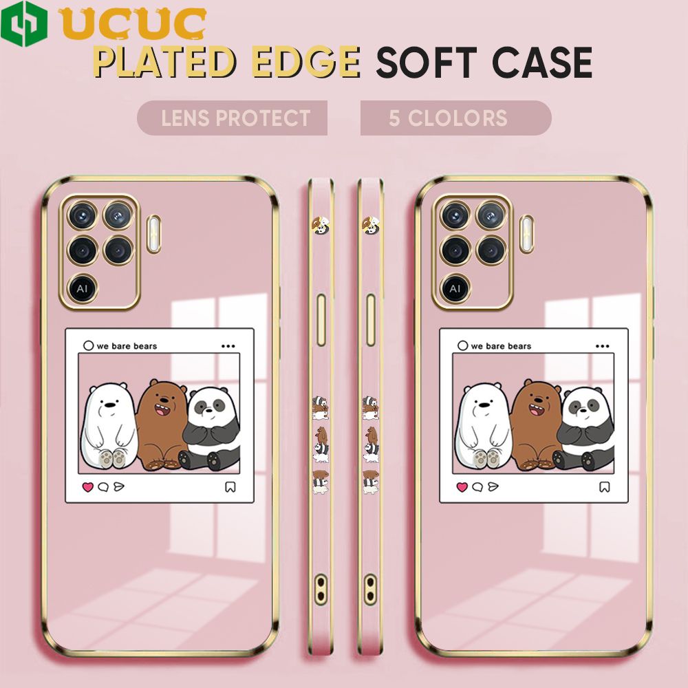 UCUC for OPPO Reno5 F Cover Bears Photo Luxury 6D Plating Soft Casing Silicone Square Frame Phone Case Shiny Bling Back Cover + Free Lanyard