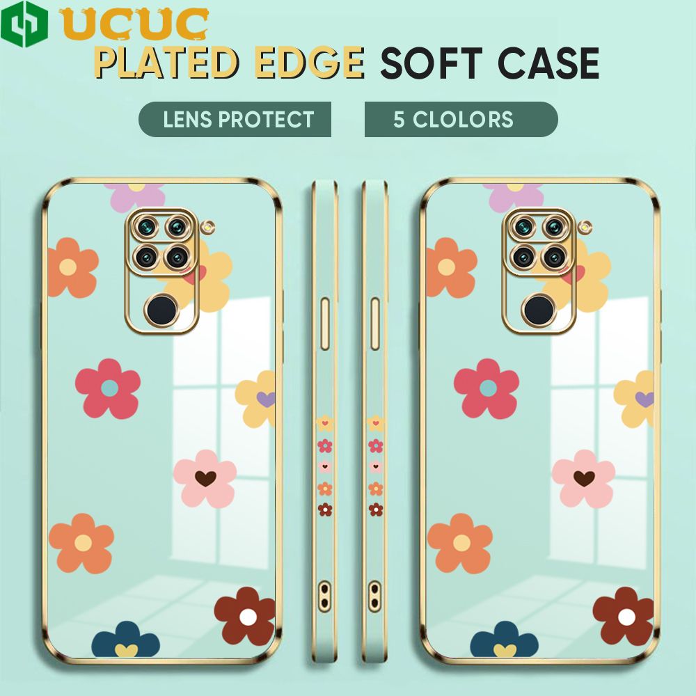 UCUC for Redmi Note 9 Back Cover + Free Lanyard INS Style Flower Luxury 6D Plating Case Side Pattern Soft Silicone Square Phone Cases