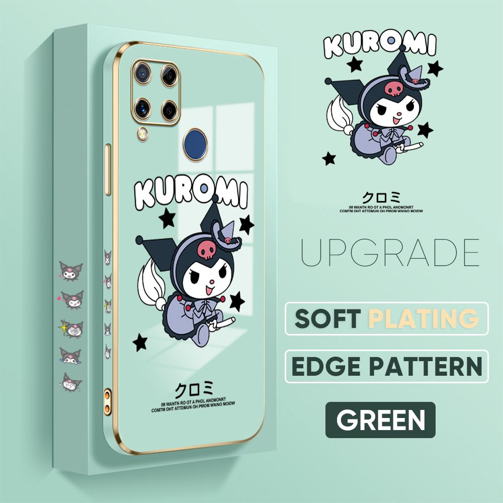 Jizetin (Free Lanyard) Realme C15 Cover Cute Kuromi Luxury 6D Plating Soft Casing Silicone Square Frame Phone Case Shiny Bling Back Cover