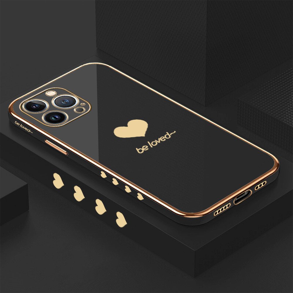 Luxury 6D Plating Soft Casing Silicone Square Frame Phone Case For iPhone 13 Pro Case Shiny Bling Back Cover Lover Heart Square Edge Pattern Design Soft Case + Free Lanyard