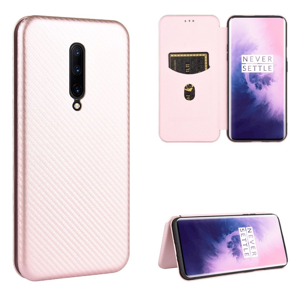 (Ready Stock)For OnePlus 7 Pro Carbon Fiber Texture Magnetic Horizontal Flip TPU + PC + PU Leather Case with Card Slot(Pink)