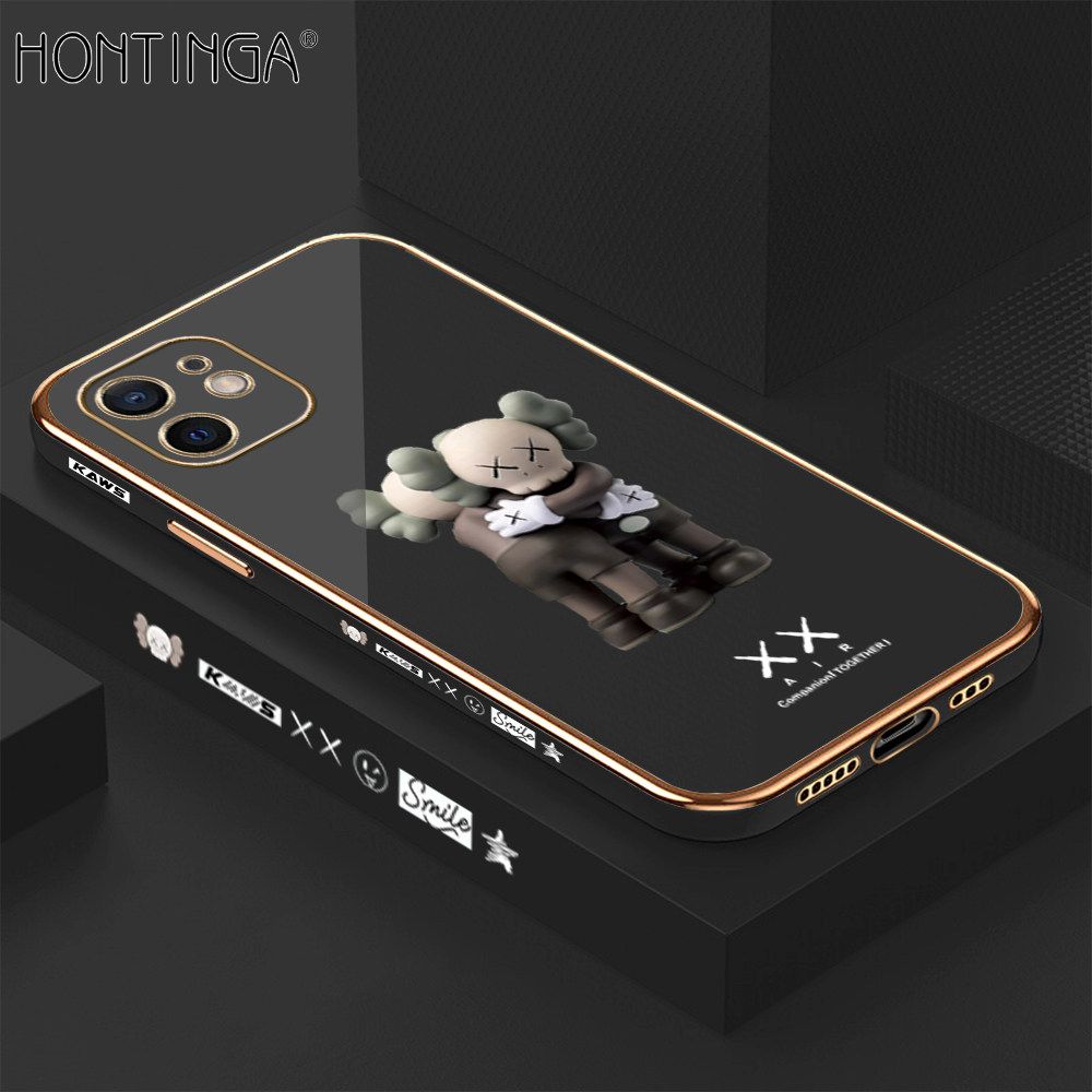Hontinga for iPhone 12 Back Cover + Free Lanyard Luxury 6D Plating Cartoon Hug bear Side Pattern Case Soft Silicone Square Mobile Cover