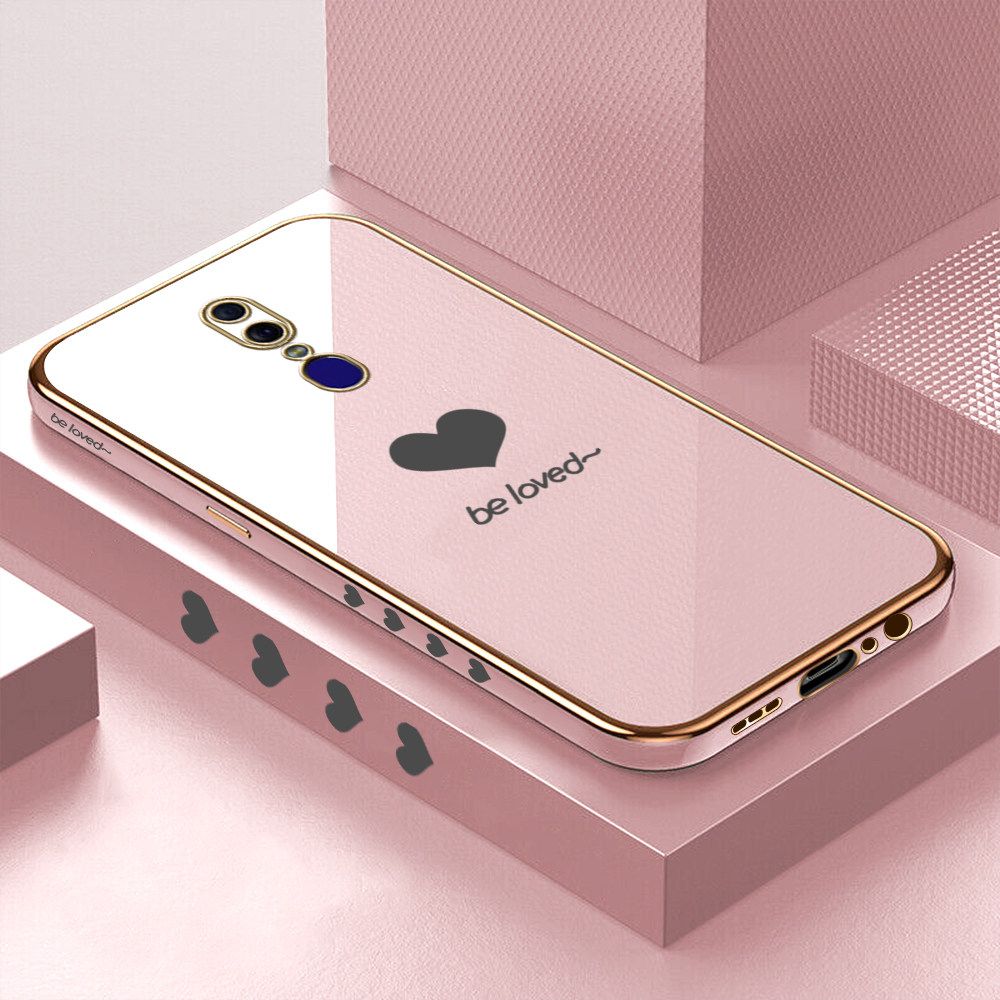 Luxury 6D Plating Soft Casing Silicone Square Frame Phone Case For OPPO F11 Case Shiny Bling Back Cover Lover Heart Square Edge Pattern Design Soft Case + Free Lanyard