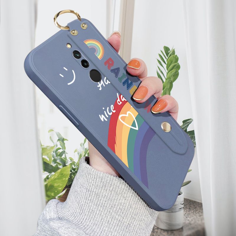 Jizetin for Xiaomi Redmi 8 Wrist Strap Case INS Style Smile Rainbow Cover Ultra Thin Anti Fall Liquid Silicone Phone Case