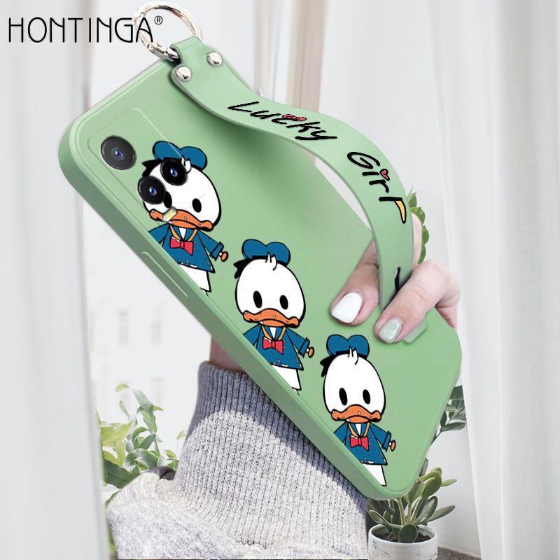 Hontinga for Vivo Y21S Wrist Strap Case Cute Cartoon Little Duck Cover Trend Square Printed Pattern Liquid Silicone Phone Case