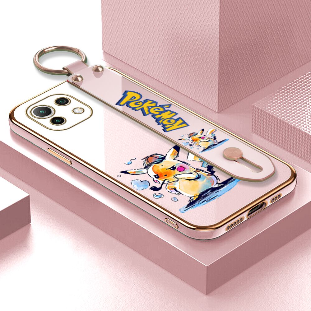 UCUC for Xiaomi 11 Wrist Strap Back Cover + Free Lanyard Pikachu Fashion Luxury 6D Plating Soft Casing Silicone Square Frame Phone Case