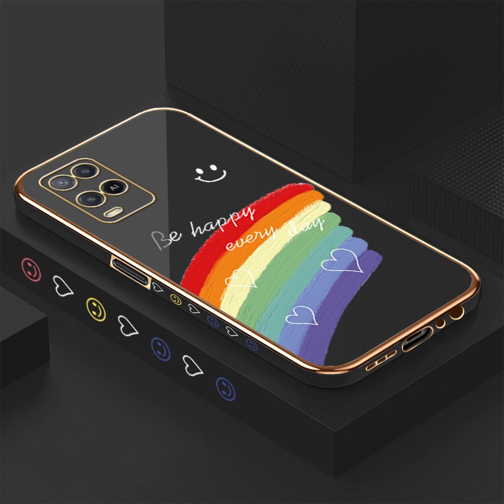 Luxury 6D Plating Case for OPPO A54/A54 2021 Smile Rainbow Side Pattern Back Cover Soft Silicone Square Phone Cases + Free Lanyard