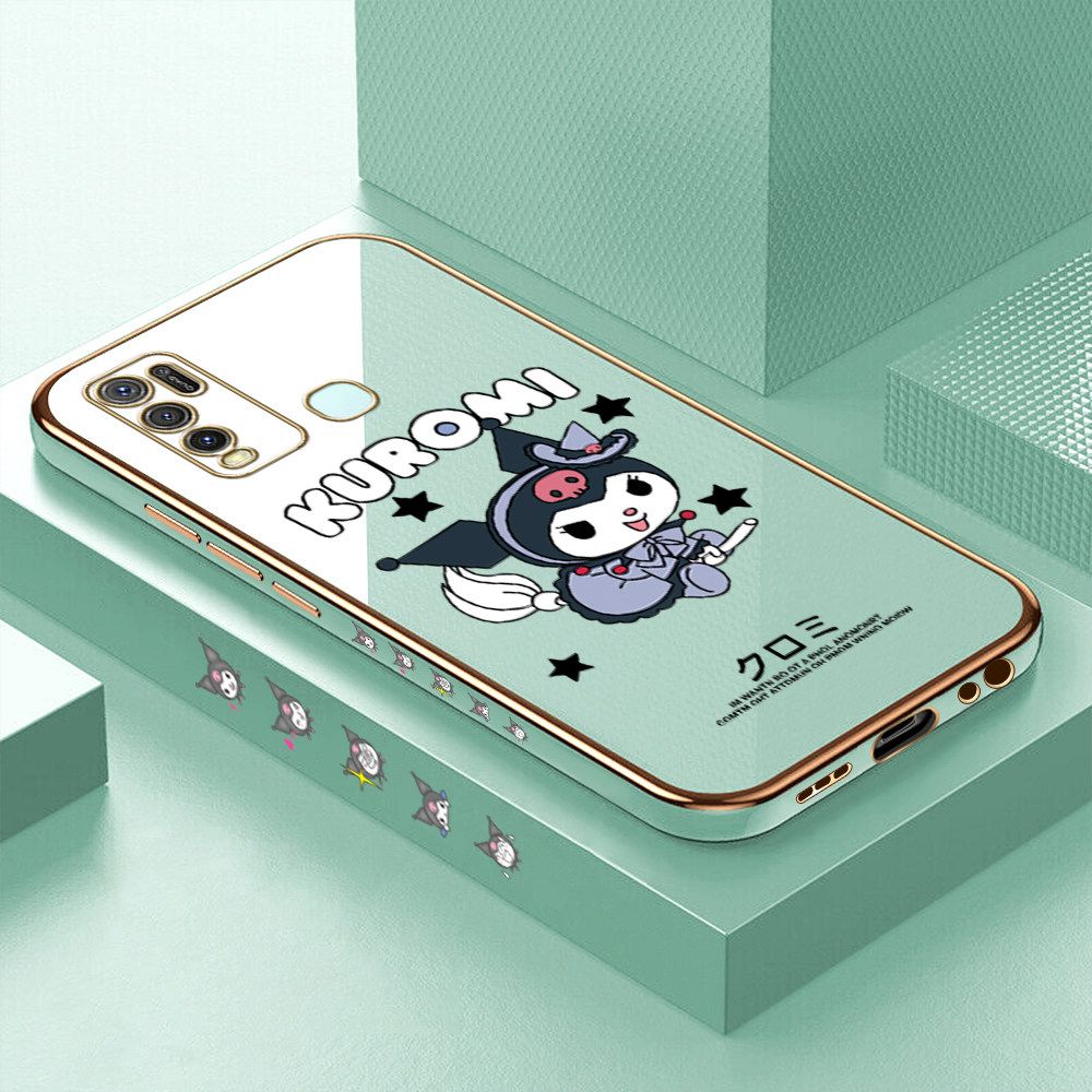 Luxury 6D Plating Soft Casing Silicone Square Frame Phone Case For Vivo Y30i Case Shiny Bling Back Cover Cartoon Anime Character Cute Square Edge Pattern Design Soft Case + Free Lanyard