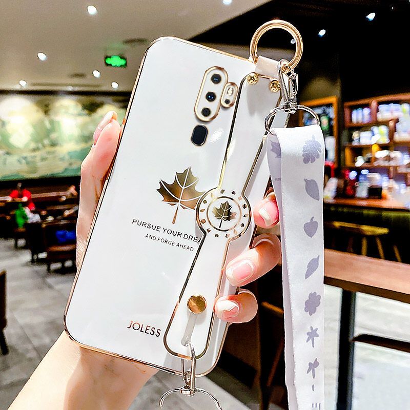 For OPPO A9 2020 Back Cover with Lanyard + Wristband Fashion Shiny Maple Leaf Plating Bumper Stand Holder Case Camera Protection Soft Silicone Mobile Phone Cases