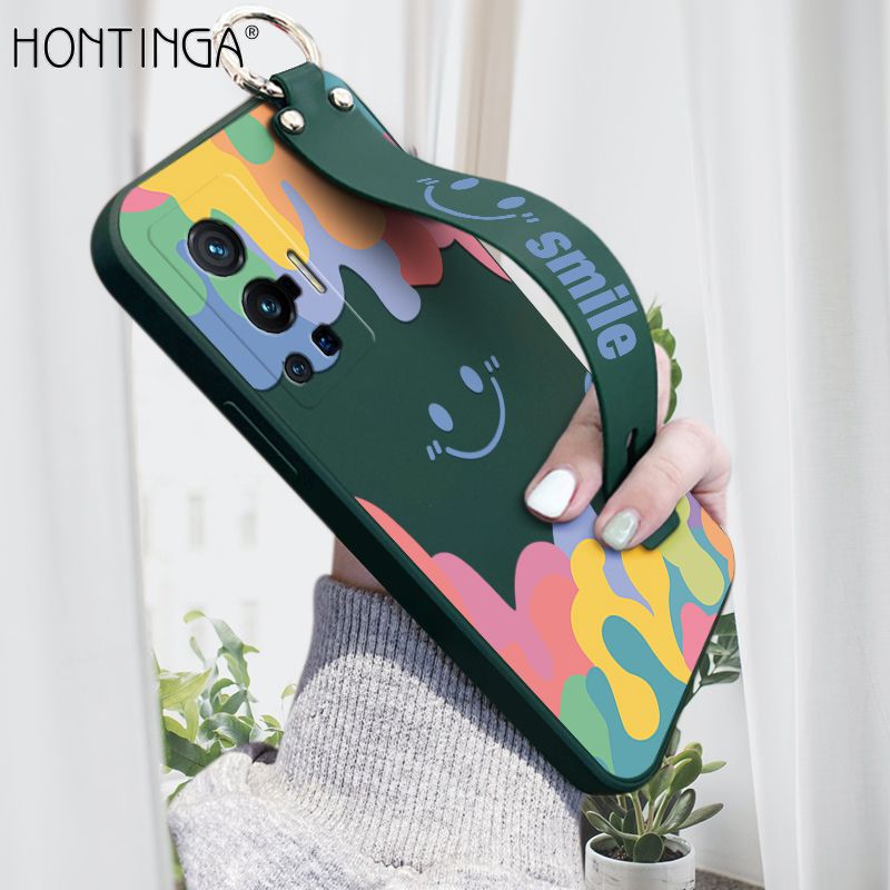 Hontinga for Vivo X70 Pro 5G Wrist Strap Case Soft Candy Color Splash Ink Cover Trend Square Printed Pattern Liquid Silicone Phone Case