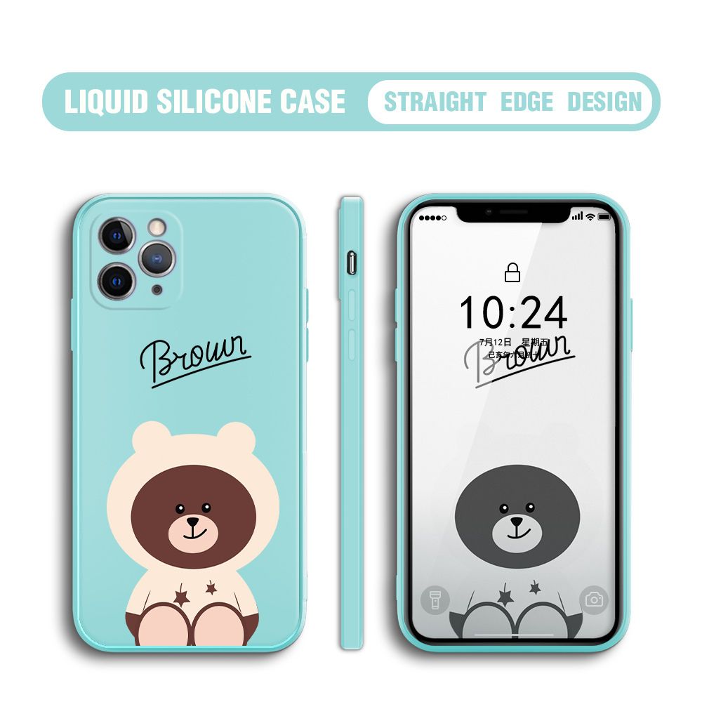BILI for iPhone 11 Pro Max Back Cover Brown Bear Multicolor Liquid Silicone Phone Case Soft Square Lens Protection Phone Cases