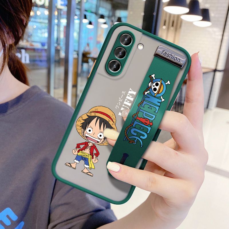 UCUC for Samsung Galaxy S21 5G Wrist Strap Case Anime One Piece Luffy Wristband Printing Cover Shockproof Frosted Phone Case