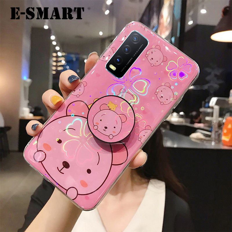 Phone case Vivo Y20 Back Cover Cute Cartoon Bear Cases Soft Silicone Bracket Holder stand case Colorful Cherry Blossoms For Vivo Y20 case