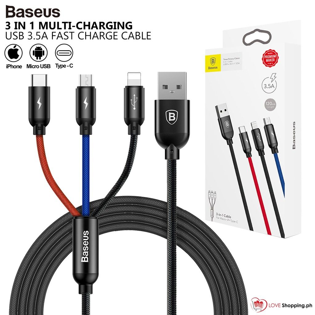 Baseus 3in1 3.5 Quick Charging 1.2M USB Charger Cable