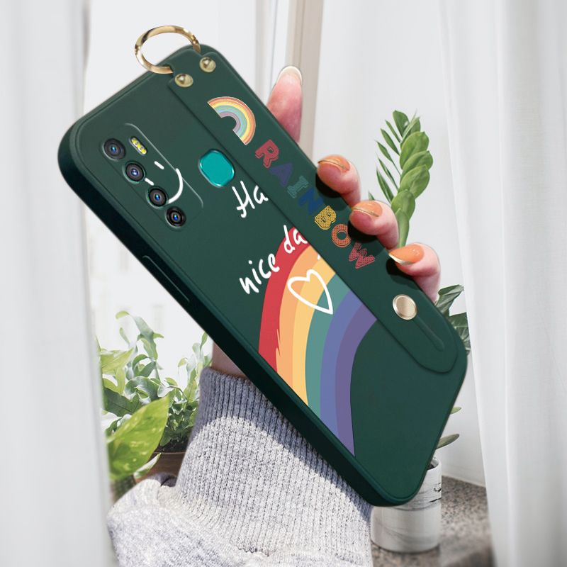 Jizetin for Infinix Hot 9 Wrist Strap Case INS Style Smile Rainbow Cover Ultra Thin Anti Fall Liquid Silicone Phone Case