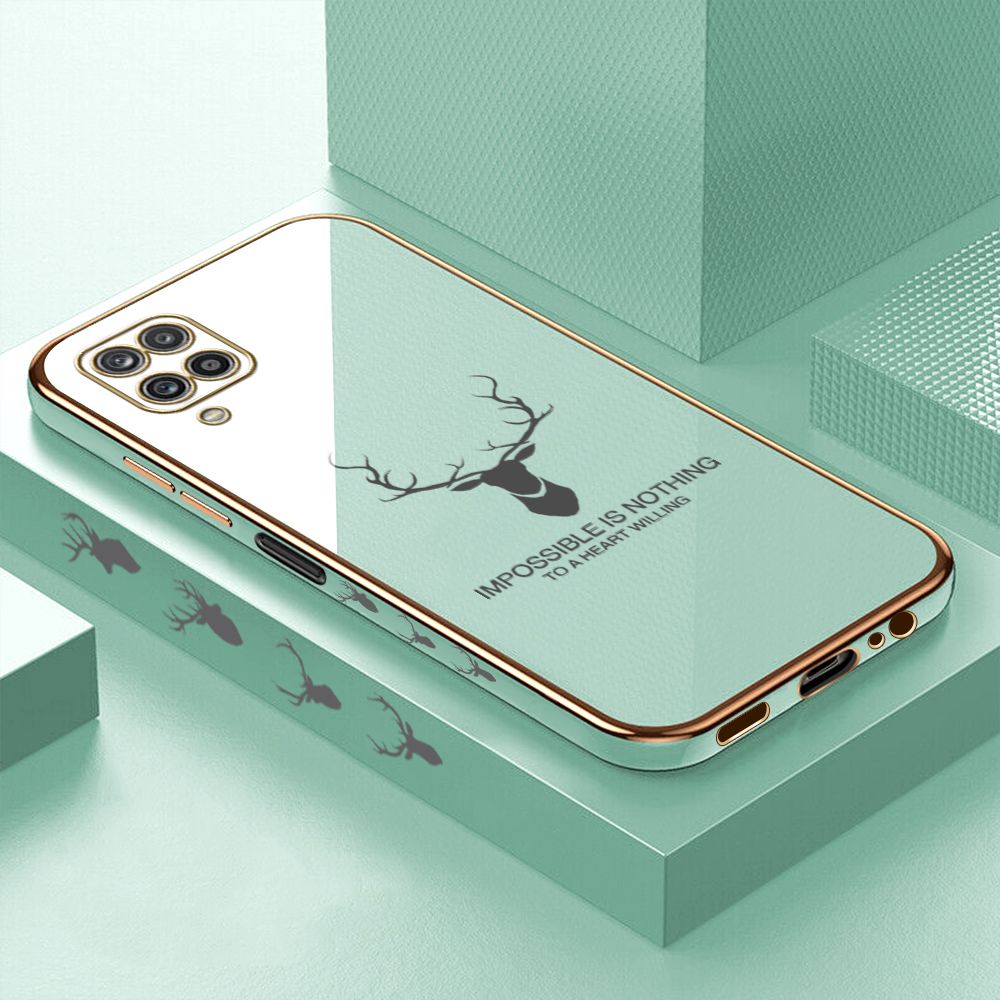 Luxury 6D Plating Case for Samsung A12 5G Alphabet Lucky Deer Side Pattern Back Cover Soft Silicone Square Frame Shiny Bling Phone Cases + Free Lanyard