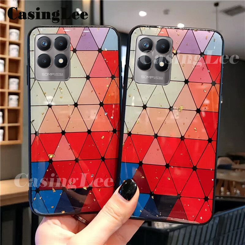 For Realme 8i case Shiny Gold Foil soft silicone case with Strap for Realme 8i Back Cover Phone Cases Rhombus geometry Design For girls and Boys