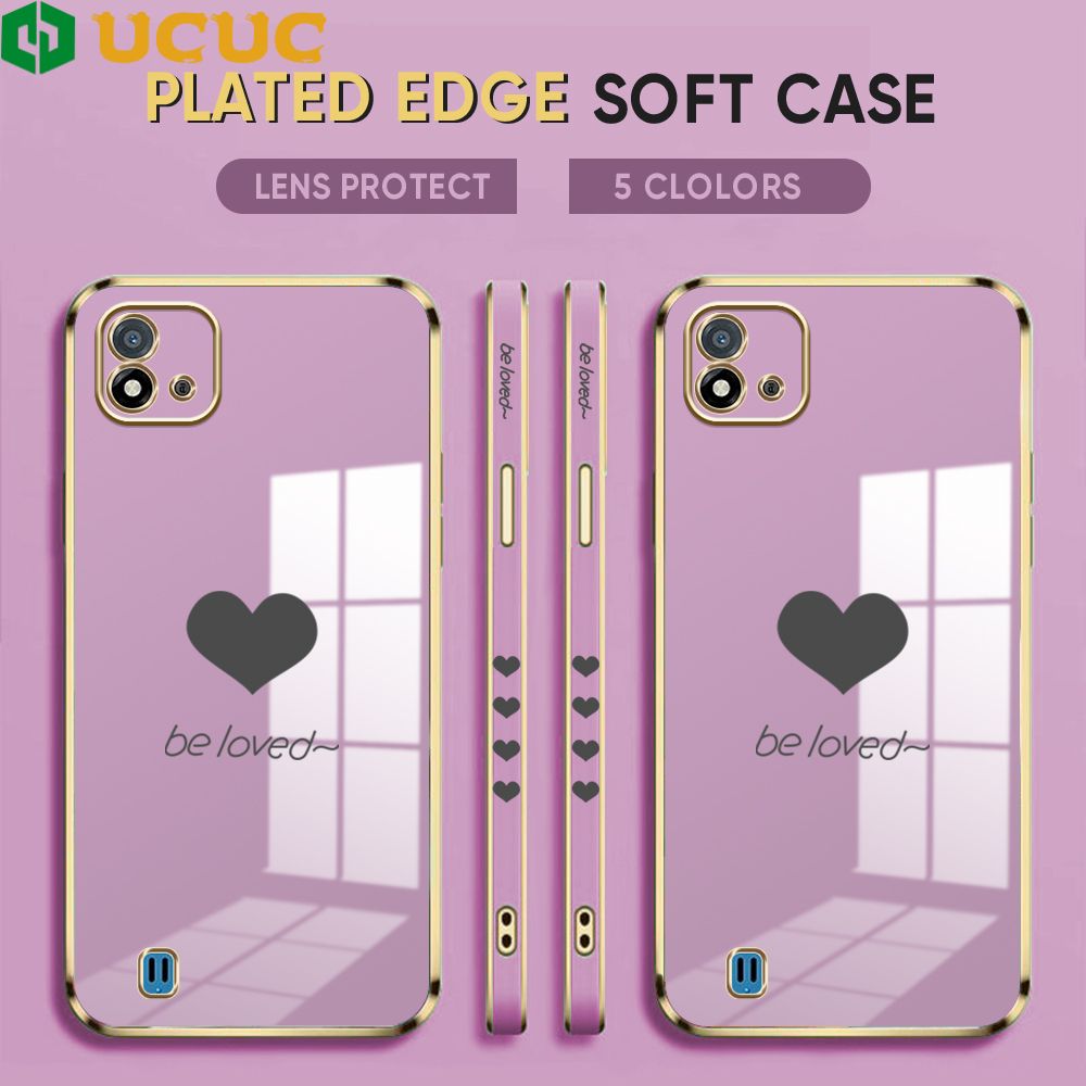 UCUC for Realme C20 / Realme C20A / Realme C11 2021 Back Cover + Free Lanyard Lover Heart Luxury 6D Plating Case Side Pattern Soft Silicone Square Phone Cases