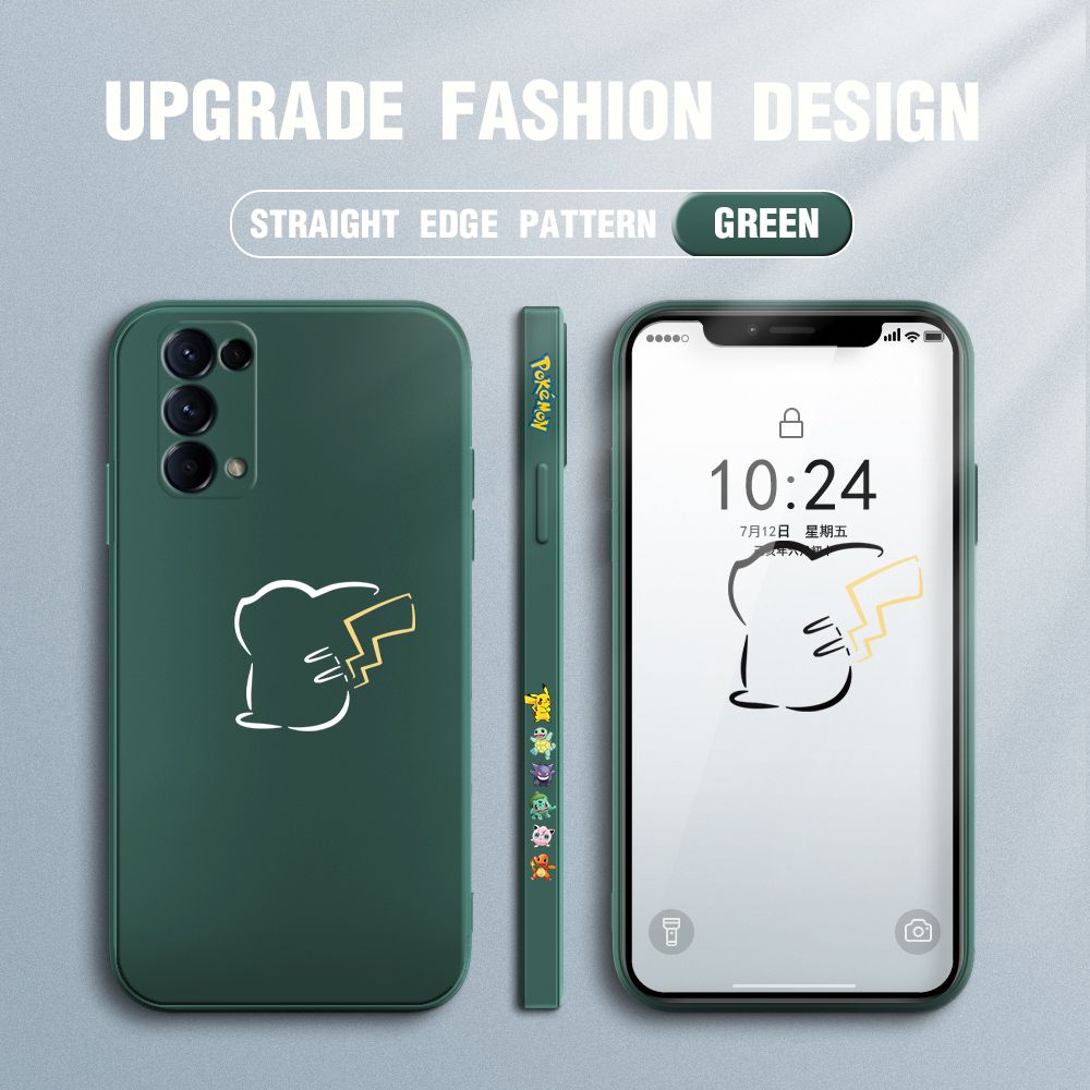 Jizetin for OPPO Reno5 5G Case New Pikachu Pokémon Design Side Design Phone Case Square Edge Pattern Liquid Silicone Cases Full Cover Camera Soft Protection Case