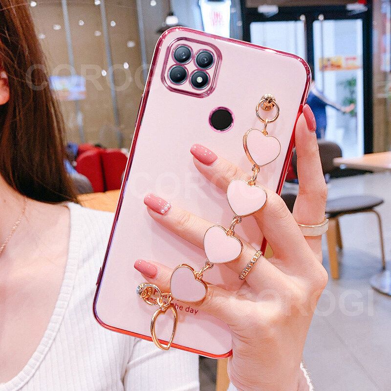 For OPPO A15S Cover + Love Heart Bracelet Fashion Shiny Wrist Chain Plating Bumper Slim Phone Case Soft TPU Silicone Shockproof Protective Back Cover