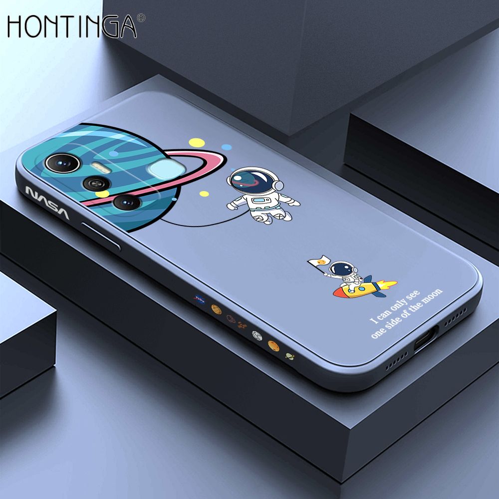 Hontinga for Infinix Hot 11 Case Cartoon Astronaut Side Design Back Cover Soft Square Edge Liquid Silicone Phone Cases