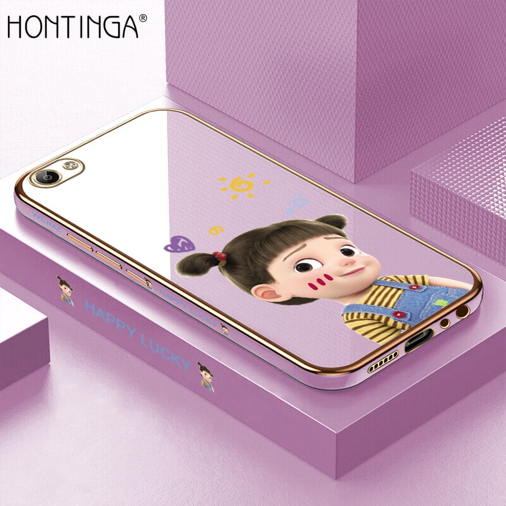 Hontinga for Vivo V5 V5S V5 Lite Y67 Back Cover + Free Lanyard Luxury 6D Plating Cute Cartoon Happy Girl Side Pattern Case Soft Silicone Square Phone Cases