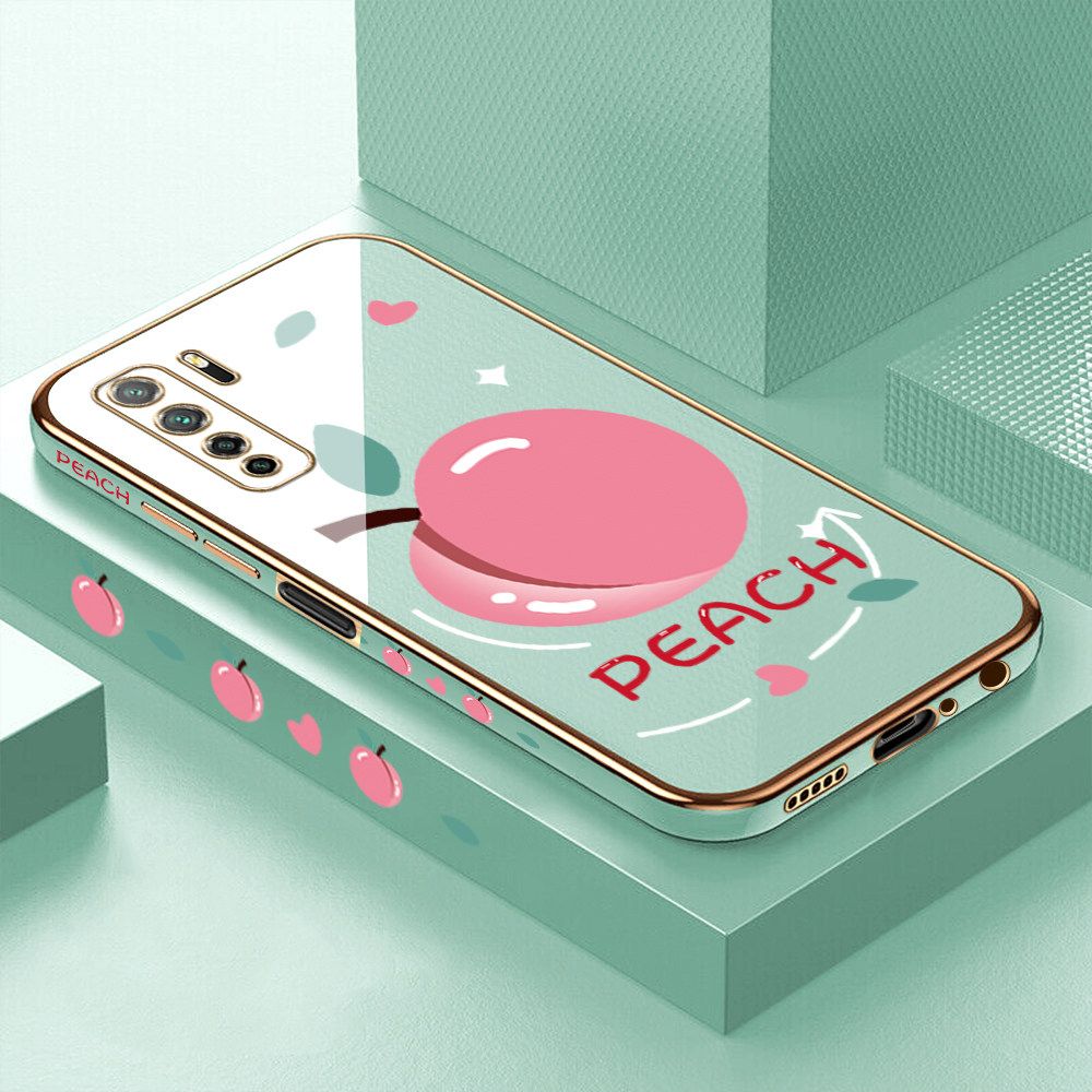 Luxury 6D Plating Case for Huawei Nova 7 SE Cartoon Simple Peach Side Pattern Back Cover Soft Silicone Square Frame Shiny Bling Phone Cases + Free Lanyard