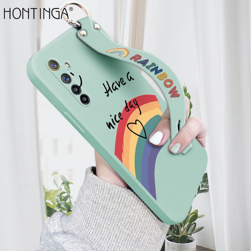 Hontinga for Realme 6 / Narzo Wrist Strap Case Lovely Graffiti Rainbow Smile Thin Phone Cover Square Edge Liquid Silicone Creativity Phone Case