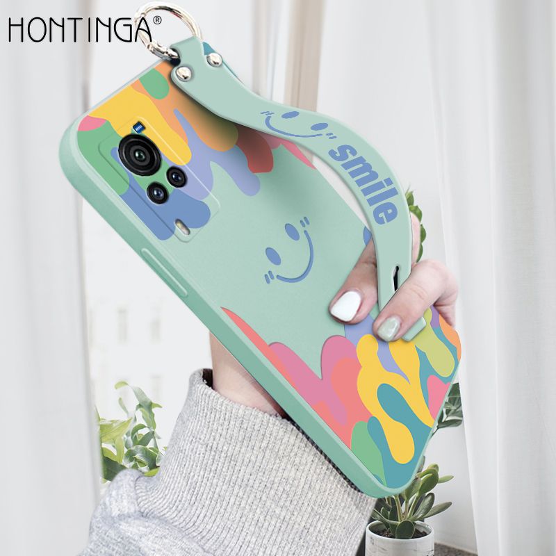 Hontinga for Vivo X60 Pro 5G Wrist Strap Case Soft Candy Color Splash Ink Cover Trend Square Printed Pattern Liquid Silicone Phone Case