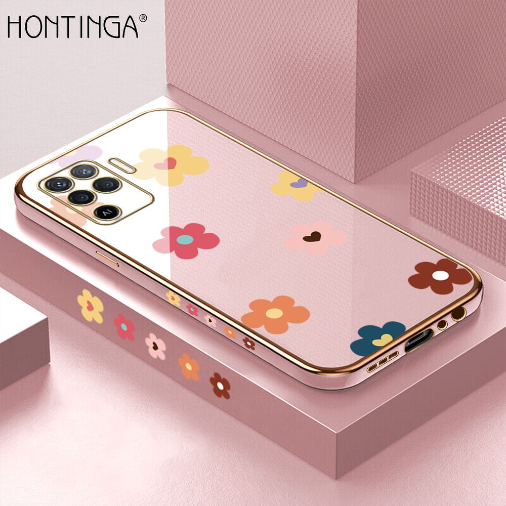 Hontinga for OPPO F19 Pro A94 Reno 5F Back Cover + Free Lanyard Luxury 6D Plating Falling Flower Side Pattern Case Soft Silicone Square Mobile Cover