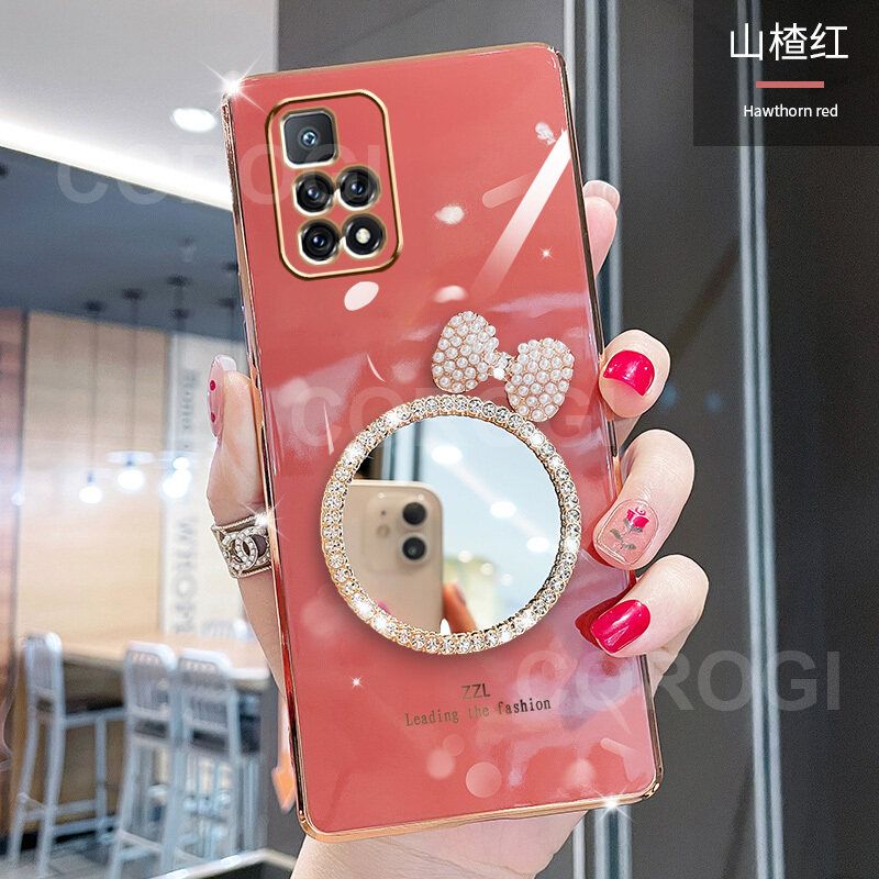 For Xiaomi Redmi 10 Prime / Redmi 10 Back Cover + Bowknot Makeup Mirror Fashion Shiny Plating Square Bumper Bling Girls Phone Case Soft TPU Silicone Shockproof Back Cover