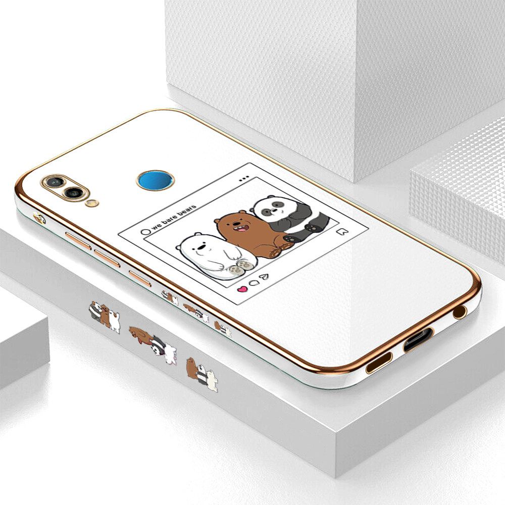 Luxury 6D Plating Case for Huawei Nova 3E Cute Cartoon Anime Bears Side Pattern Back Cover Soft Silicone Square Frame Shiny Bling Phone Cases + Free Lanyard
