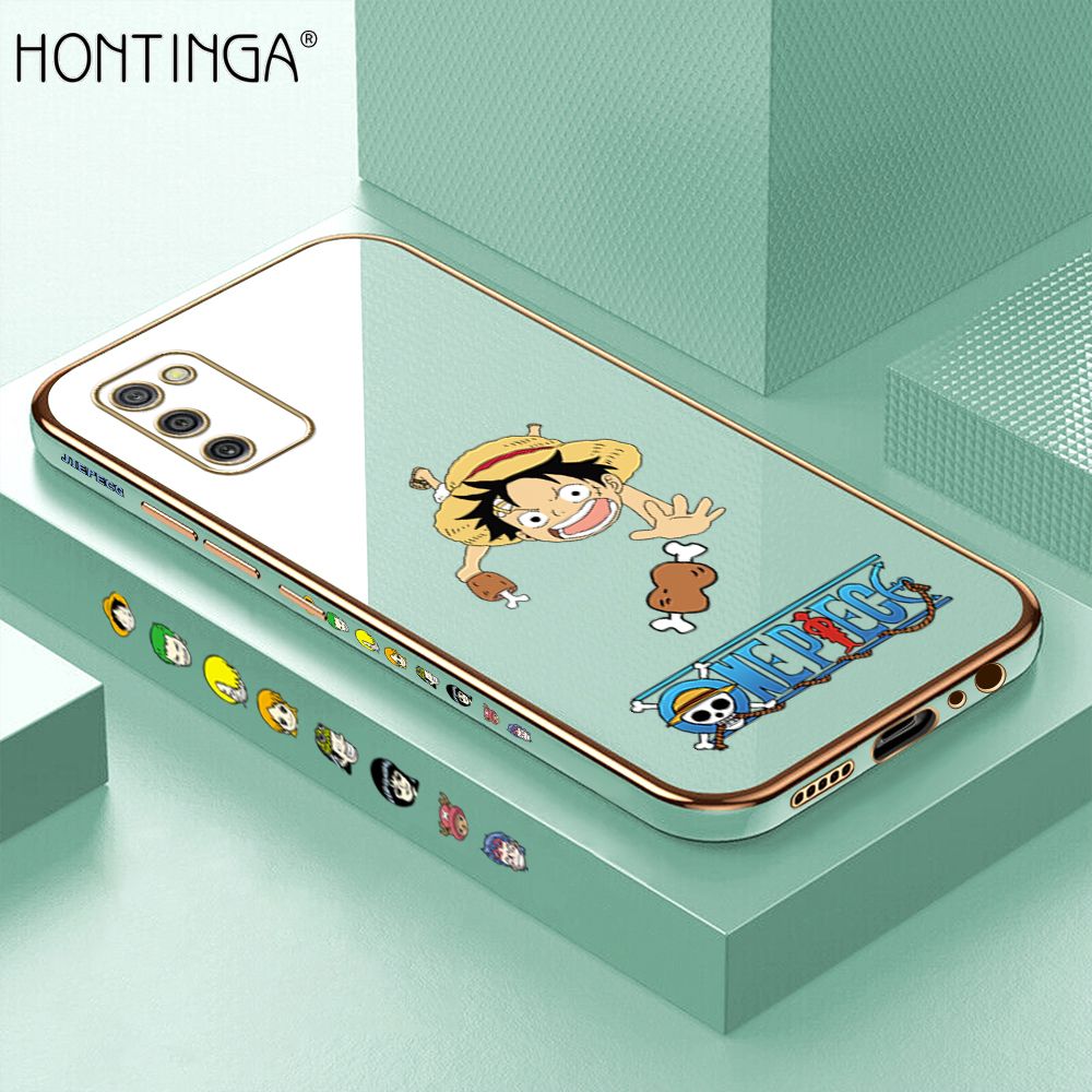 Hontinga for Samsung A02S Back Cover + Free Lanyard Luxury 6D Plating Cartoon Meaty Luffy Side Pattern Case Soft Silicone Square Mobile Cover