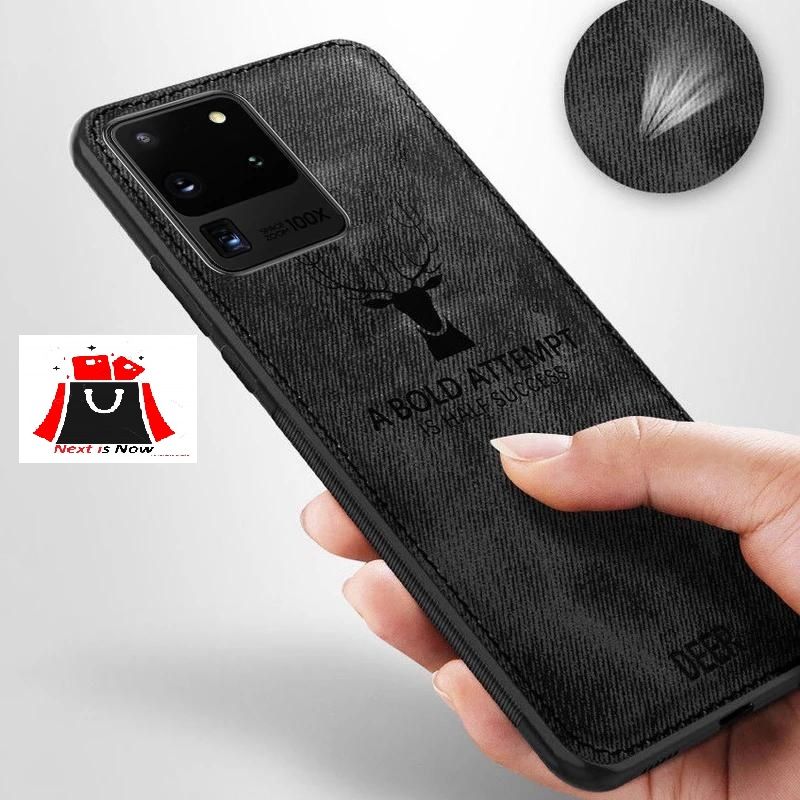 Samsung Galaxy S20 Ultra Thin Hybrid TPU Cloth Fabric Canvas Stripe Moose Pattern Soft Deer Back Phone Cover Case