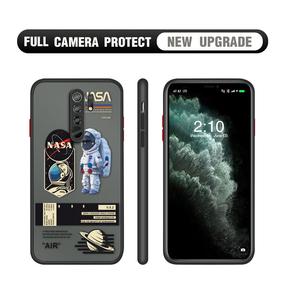 Hontinga for Redmi 9 Case Cartoon Astronaut Cover Camera Shockproof Protection Case Edge Frosted Transparent Phone Cover