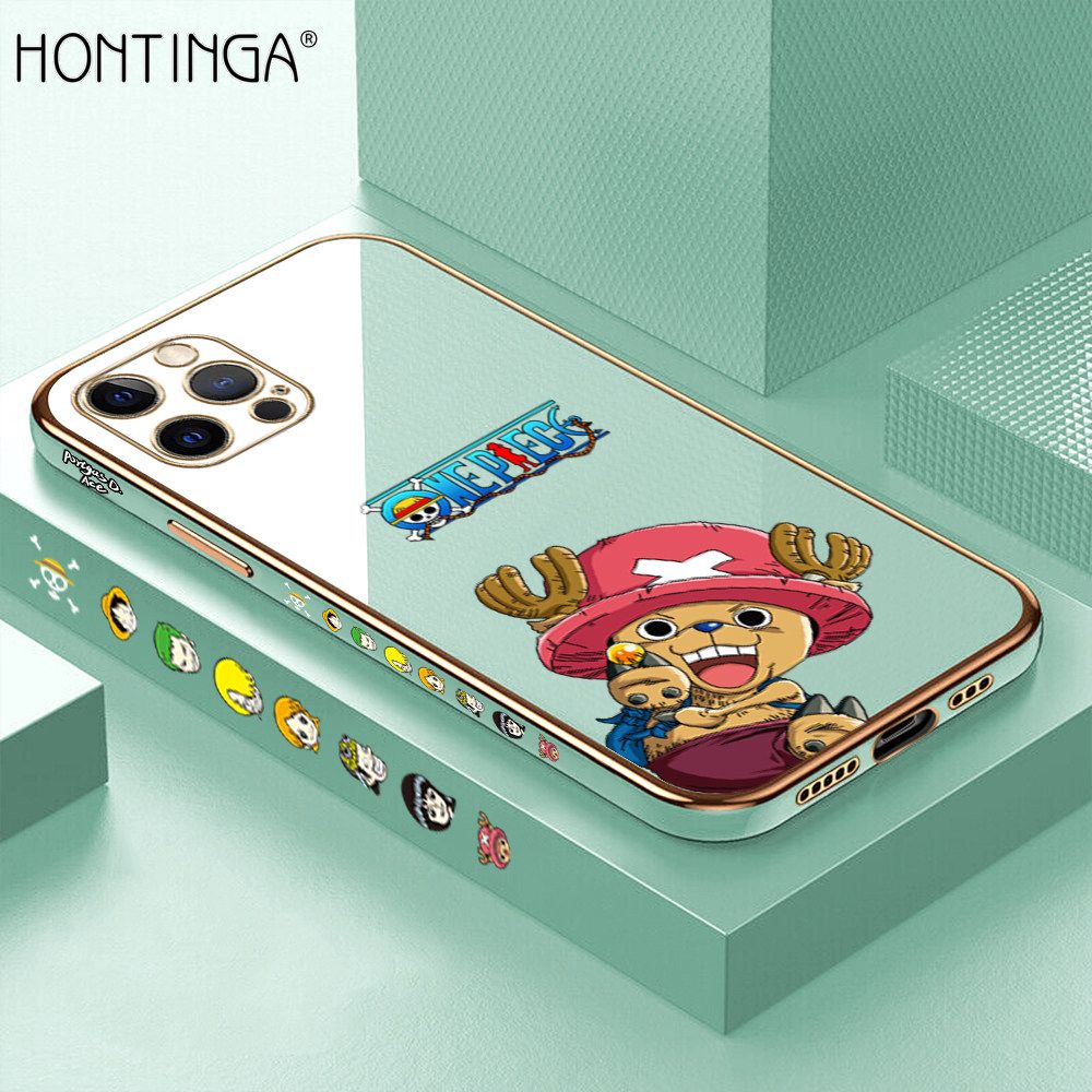 Hontinga for iPhone 12 Pro Back Cover + Free Lanyard Luxury 6D Plating Cute Cartoon Choba Side Pattern Case Soft Silicone Square Mobile Cover