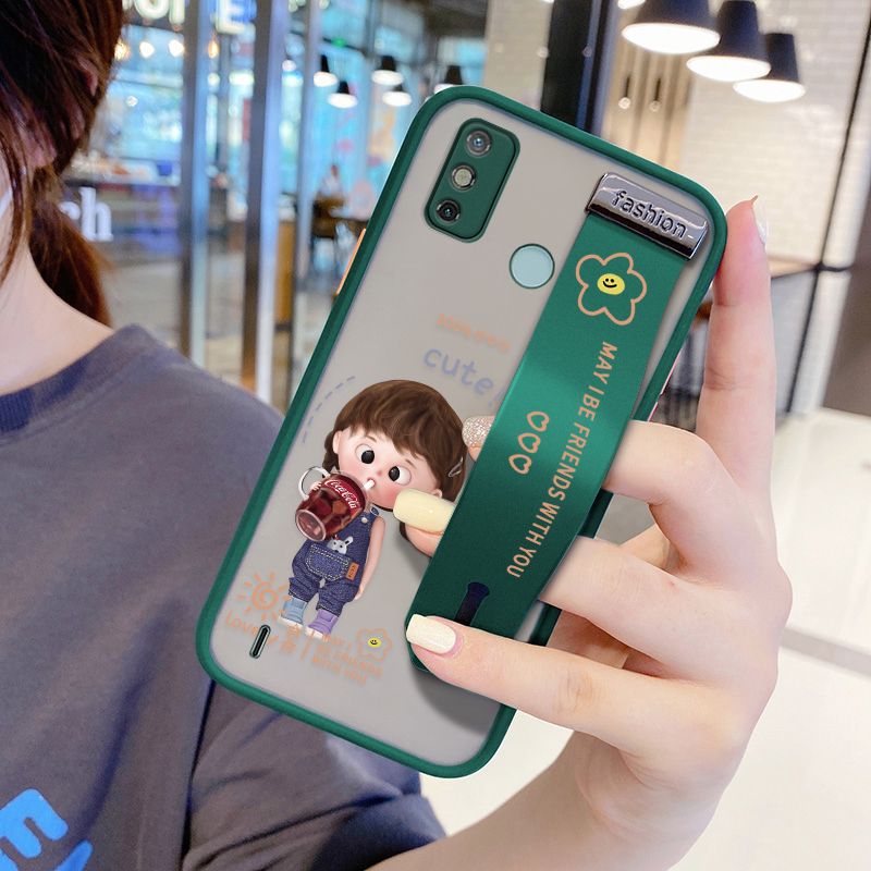 UCUC for Tecno Spark 6 Go Wrist Strap Case Girl Drinking Cola Wristband Printing Cover Shockproof Ultra Thin Phone Case