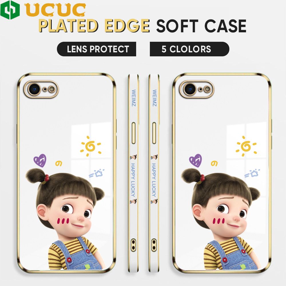 UCUC for iPhone 7 8 SE 2020 SE 2022 Back Cover + Free Lanyard Lovely Girl Luxury 6D Plating Case Side Pattern Soft Silicone Square Phone Cases