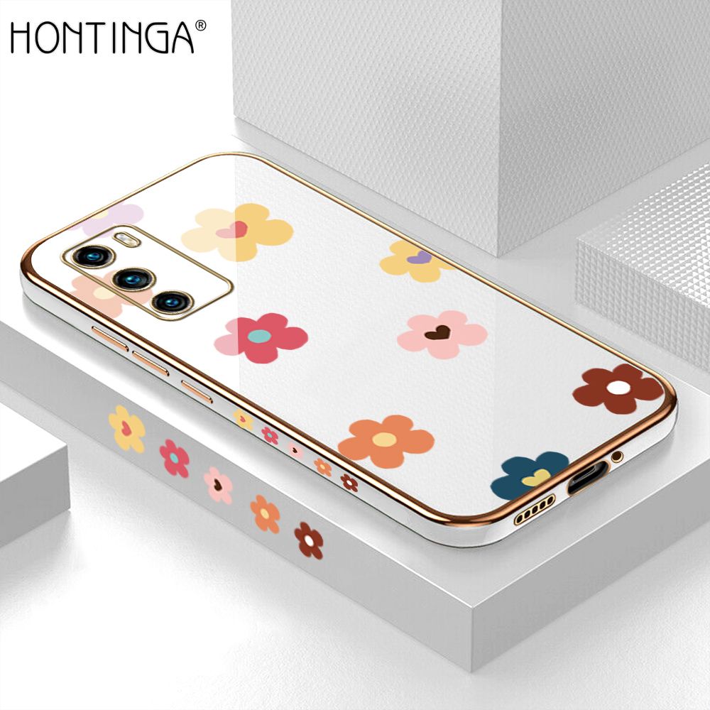 Hontinga for Huawei P40 Back Cover + Free Lanyard Luxury 6D Plating Falling Flower Side Pattern Case Soft Silicone Square Phone Cases