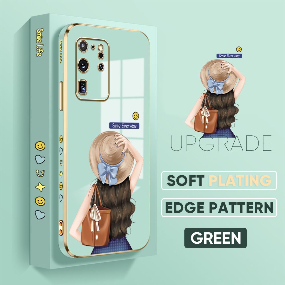 Jizetin (Free Lanyard) Samsung Galaxy S20 Ultra Back Cover Girl In Hat Luxury 6D Plating Case Side Pattern Soft Silicone Square Mobile Phone Cases