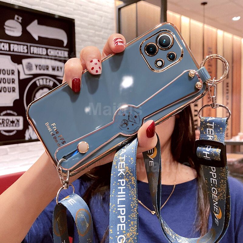 For Xiaomi 11 Lite 5G NE Cover with [Lanyard + Wrist Strap Stand Holder] Ultra Thin Plating Bumper Phone Case Camera Lens Protection Soft TPU Silicone Shockproof Protective Back Cover