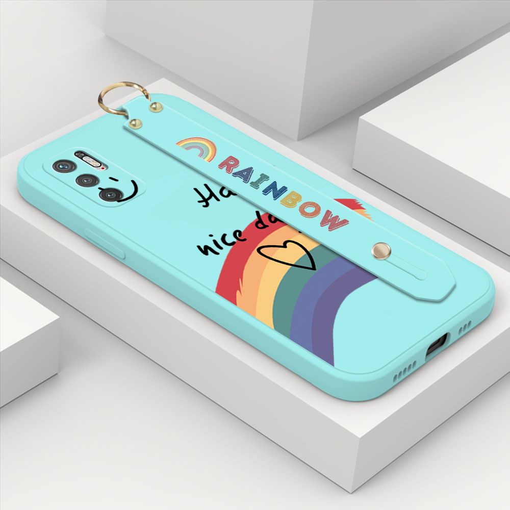 ZeroQiQi for Xiaomi Poco M3 Pro Wrist Strap Case Lovely Graffiti Rainbow Smile Thin Phone Cover Square Edge Liquid Silicone Creativity Phone Case