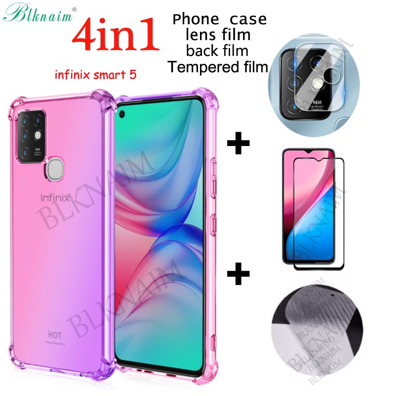 BLKNAIM (4-in-1) For infinix smart 5 Case Anti-fall Color Mobile Phone + Full Screen Tempered Glass Film + Carbon Fiber Back Film + Lens Film
