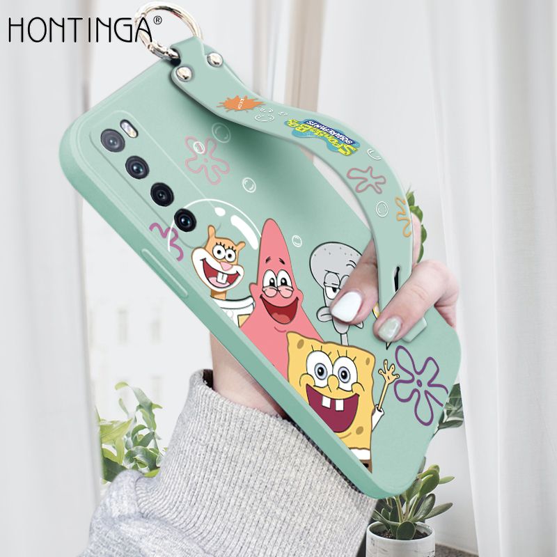 Hontinga for Huawei Nova 7 Wrist Strap Case Cute Cute Funny Cartoon Sponge for Square Pants Cover Square Edge Liquid Silicone Anti-drop Phone Case